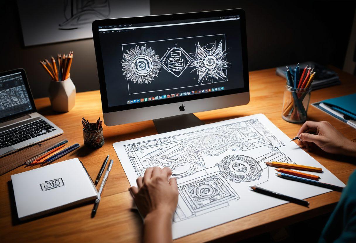 A dynamic transition scene depicting a hand-drawn pencil sketch evolving into a polished digital logo on a creative designer's desk. Include tools like pencils, an eraser, a graphic tablet, and a computer screen showing design software. The background should subtly illustrate an artist's studio environment with soft ambient lighting. super-realistic. vibrant colors. artist studio ambiance.