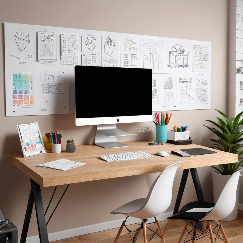 A sleek, modern workspace with a minimalist desk holding a high-resolution computer displaying a logo design software, surrounded by sketches and color swatches. In the background, a visionary designer intensely focused, with trendy branding logo samples pinned on the wall. Clean lines and bright lighting. super-realistic. vibrant colors.